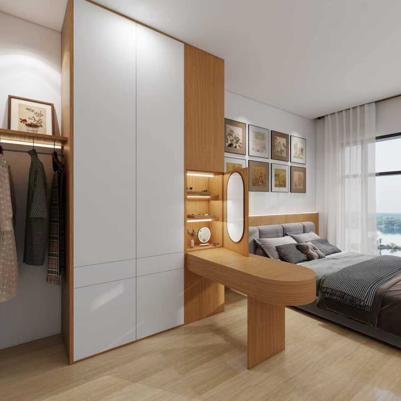 Contemporary bedroom interior featuring custom white and oak wardrobe, integrated curved vanity desk, and platform bed