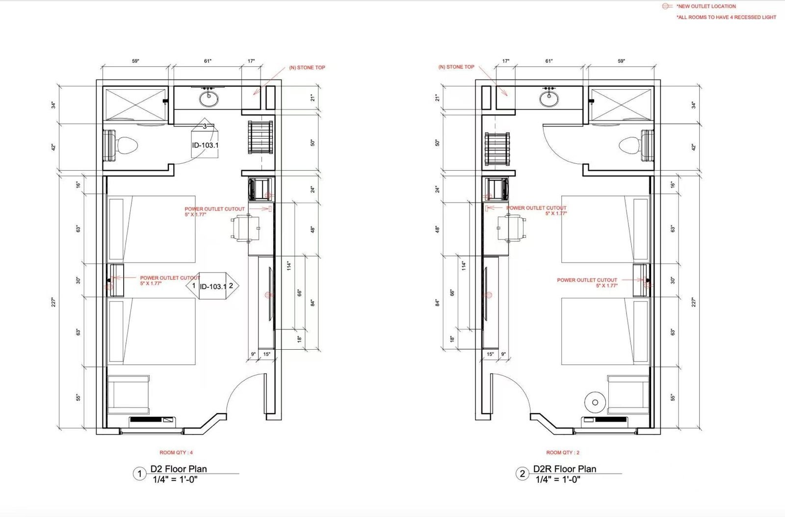 Double Queen guestroom floor plans for hotel renovation — WUMEI