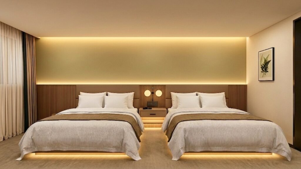 Design rendering of Double Queen hotel room with upholstered headboard wall — WUMEI