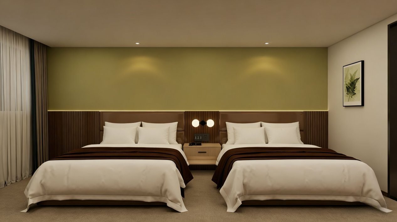 Design rendering of Double Queen hotel room, alternate view — WUMEI