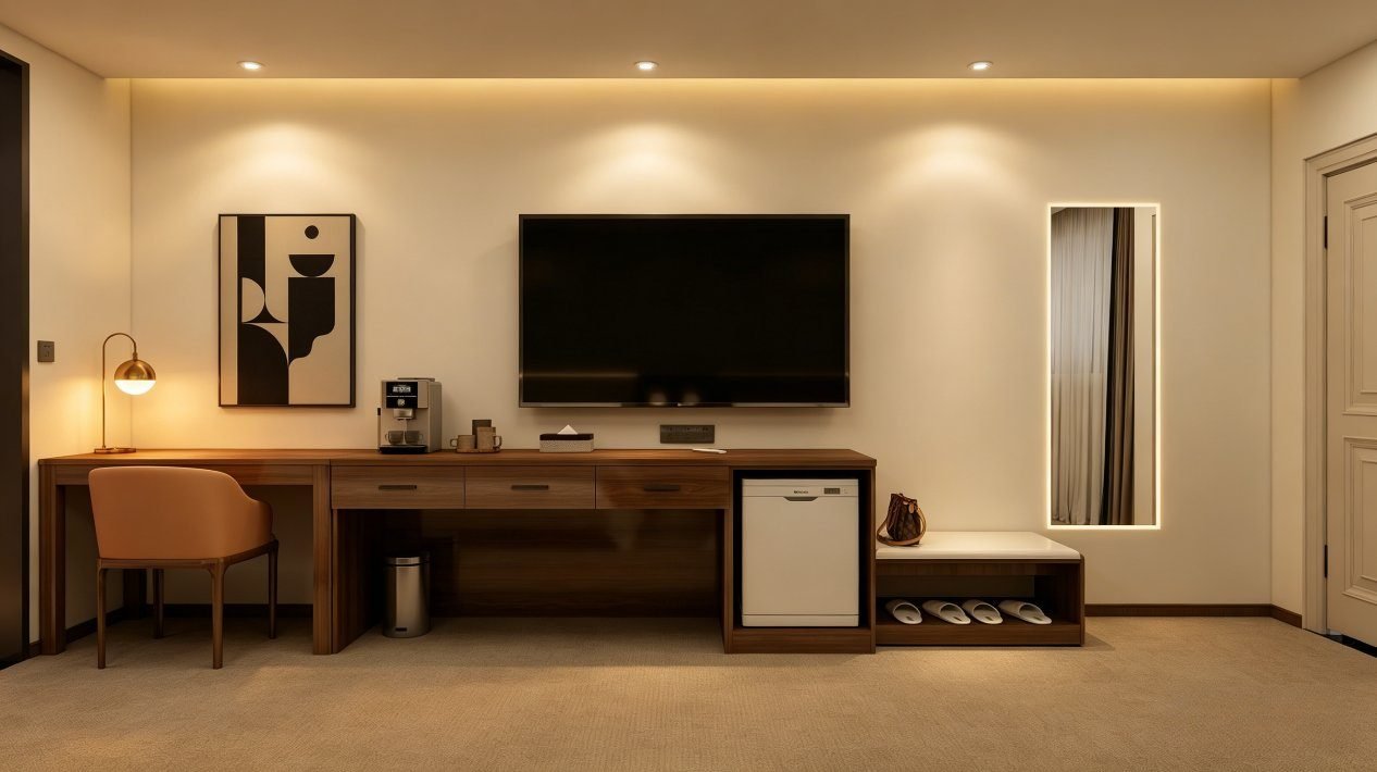 Design rendering of hotel work desk and media console with mini-fridge — WUMEI