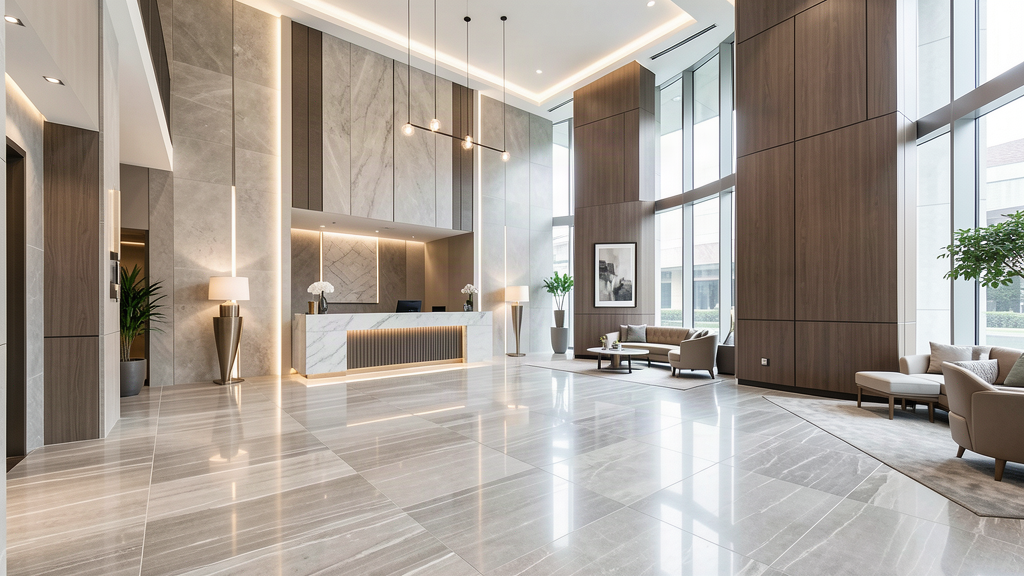 Hotel lobby with marble-look floor tiles and wood wall panels