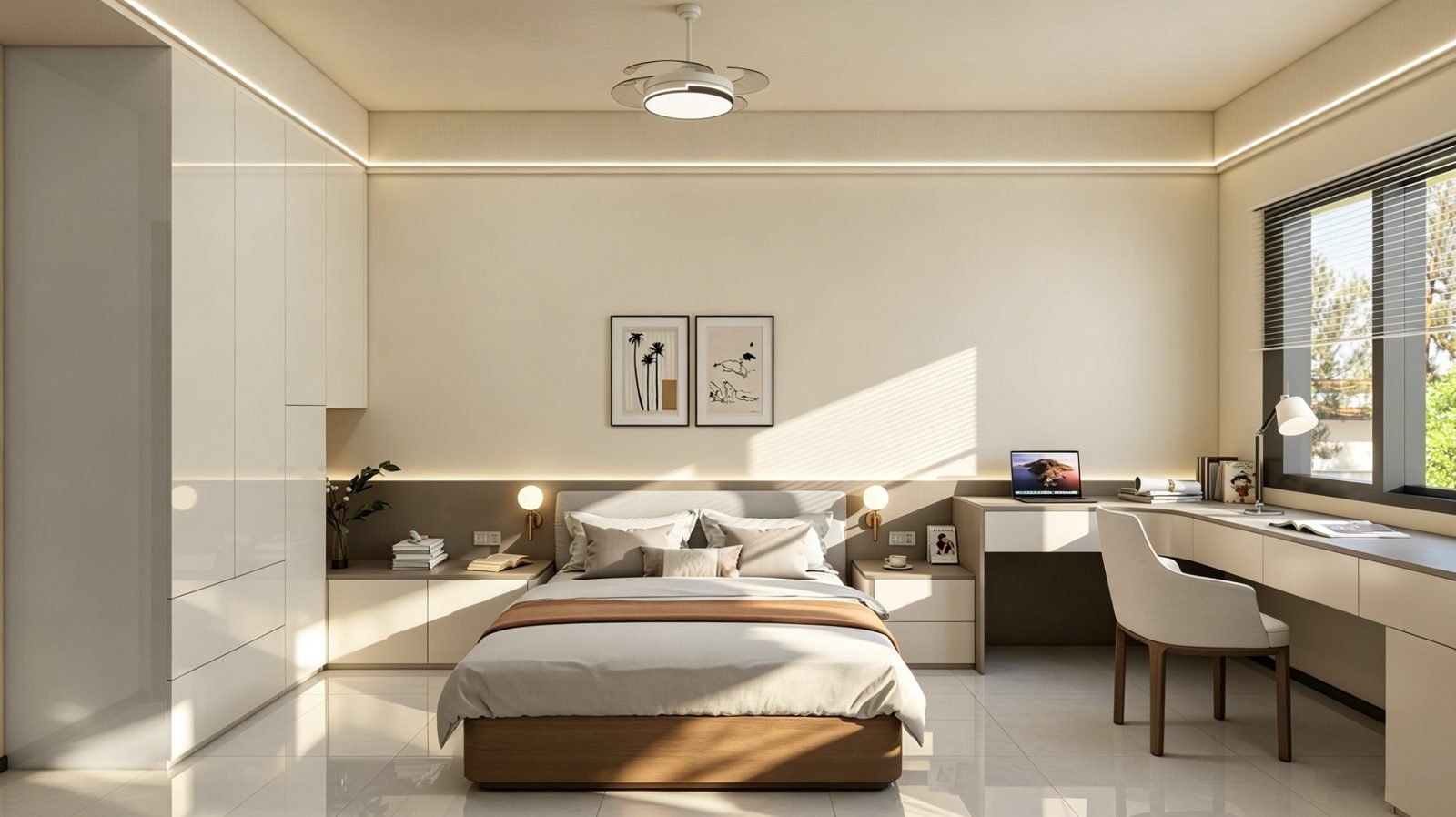 Design rendering of bedroom with built-in desk and wardrobe — Malaysia house, WUMEI