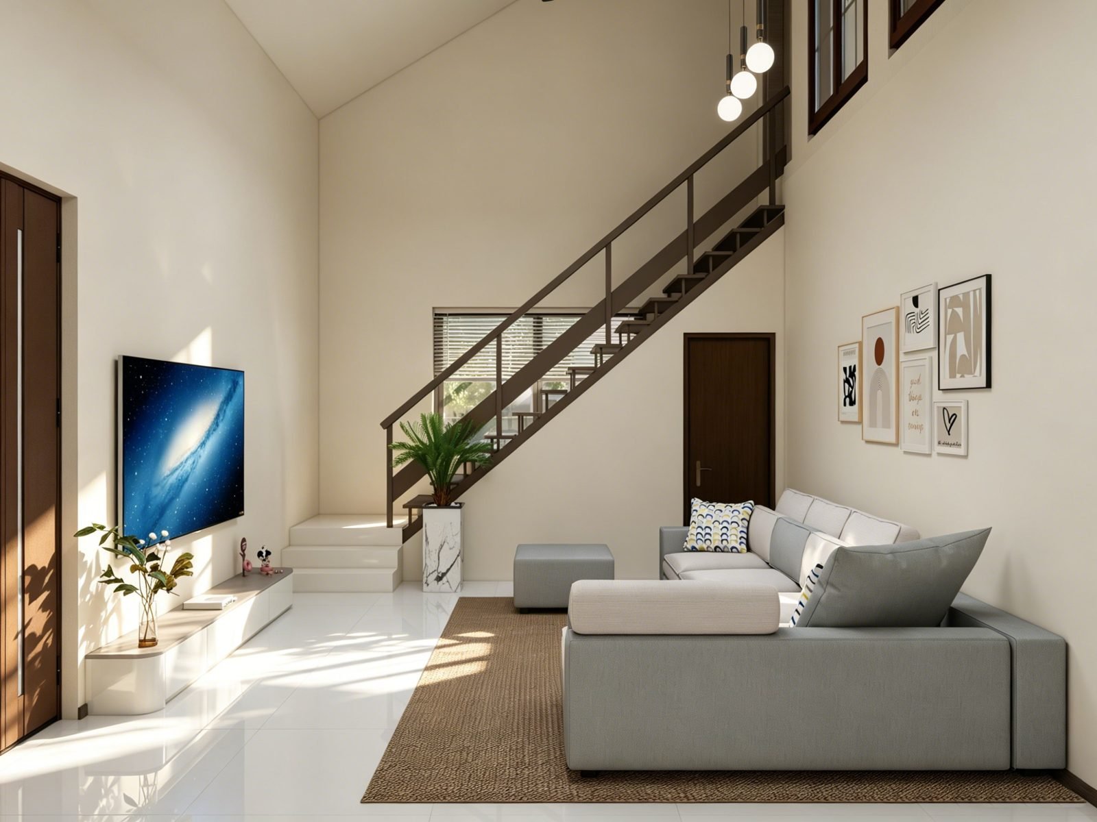 Design rendering of living room with steel staircase — Malaysia house renovation, WUMEI