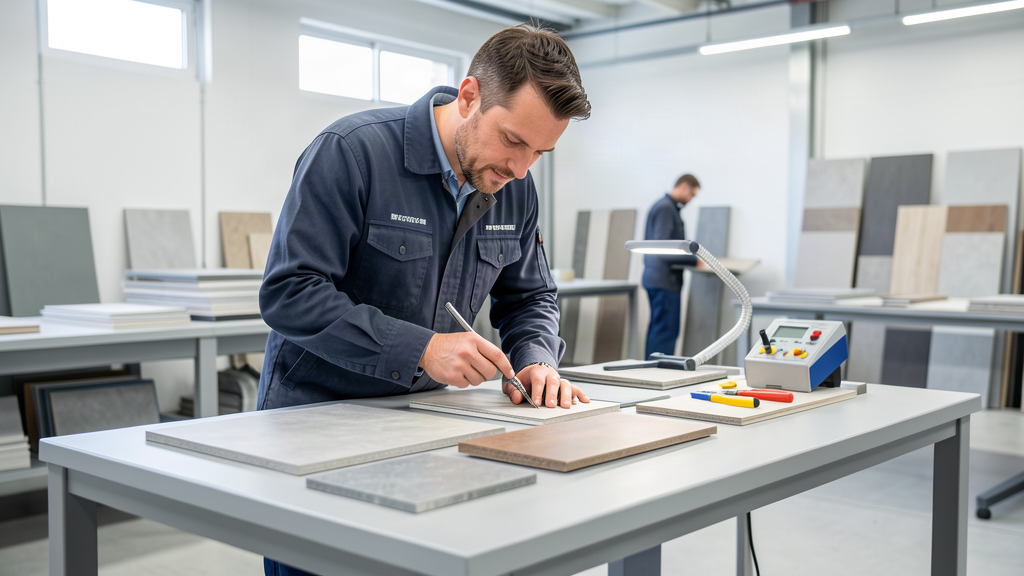 Inspector checking tile and panel samples on a workbench before shipment