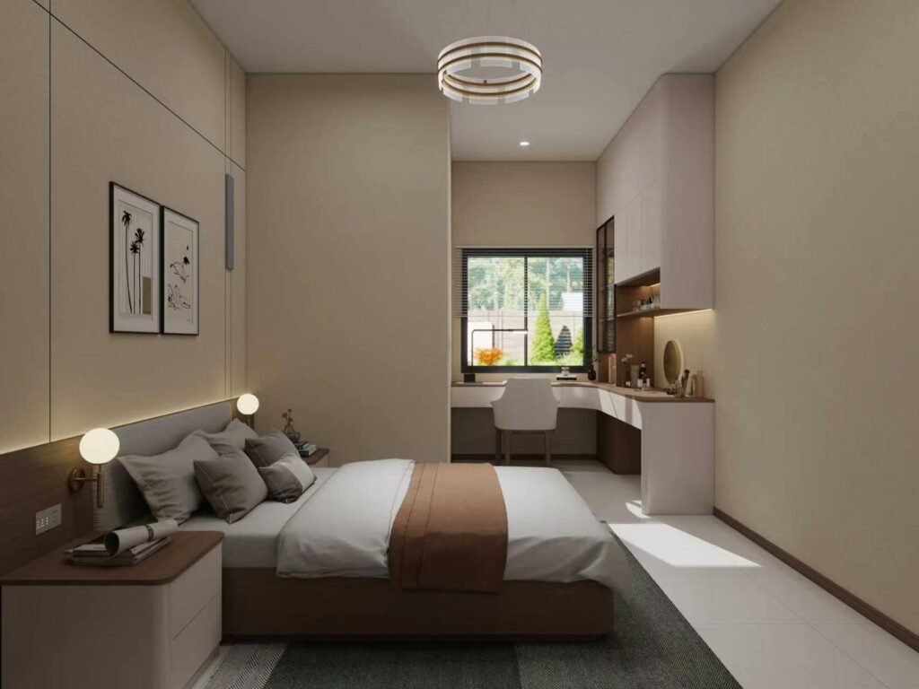 Design rendering of bedroom with built-in study desk, olive palette — Malaysia townhouse, WUMEI