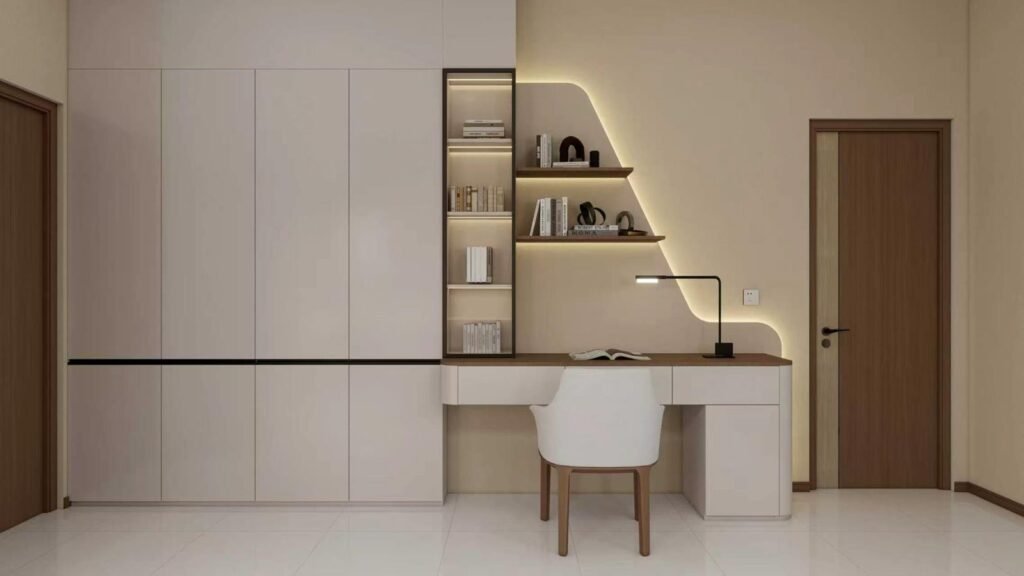 Design rendering of built-in bookshelf and study desk — Malaysia townhouse, WUMEI