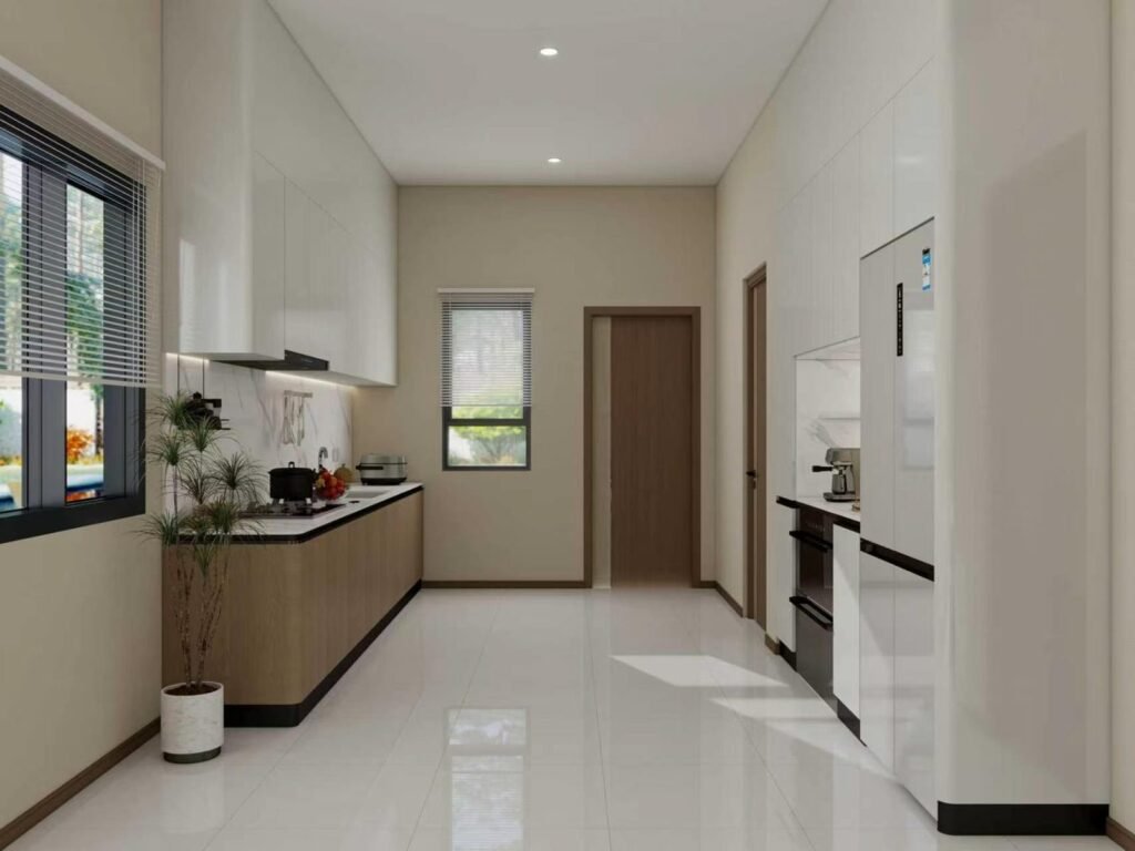 Design rendering of townhouse kitchen with full-height cabinetry — WUMEI