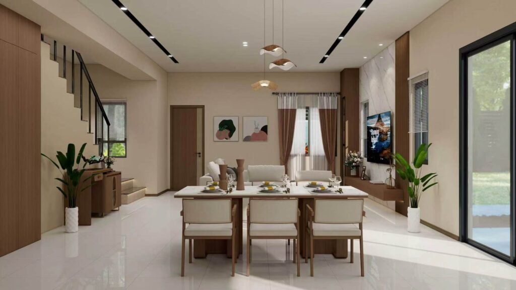 Design rendering of open-plan living and dining area — Malaysia townhouse fit-out, WUMEI