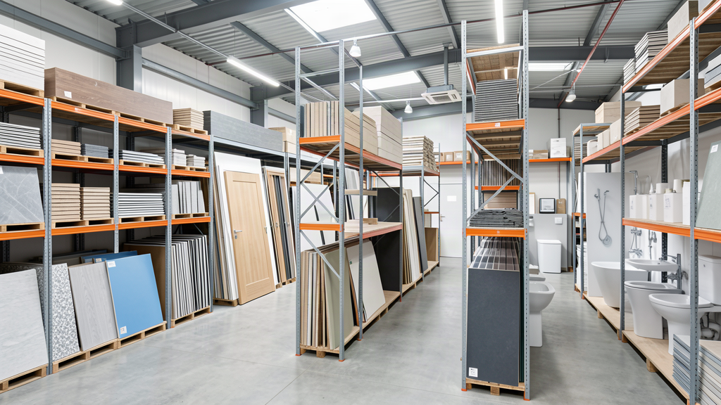 Warehouse aisles with racks of tile, panel and board materials