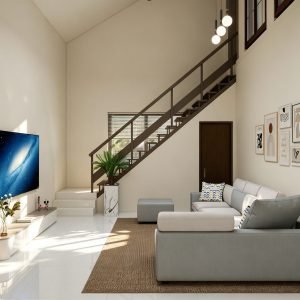 Design rendering of living room with steel staircase — Malaysia house renovation, WUMEI