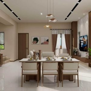 Design rendering of open-plan living and dining area — Malaysia townhouse fit-out, WUMEI